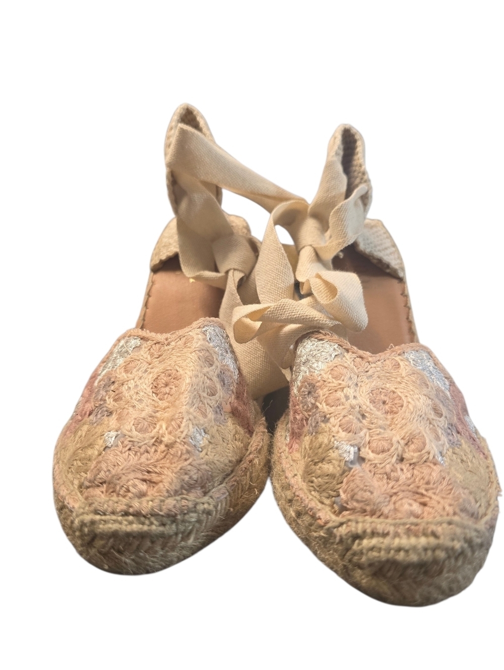 Maypol Spain Espadrilles Leather Crochet Espadrille Tie-Back Wedge Sz. 39/8